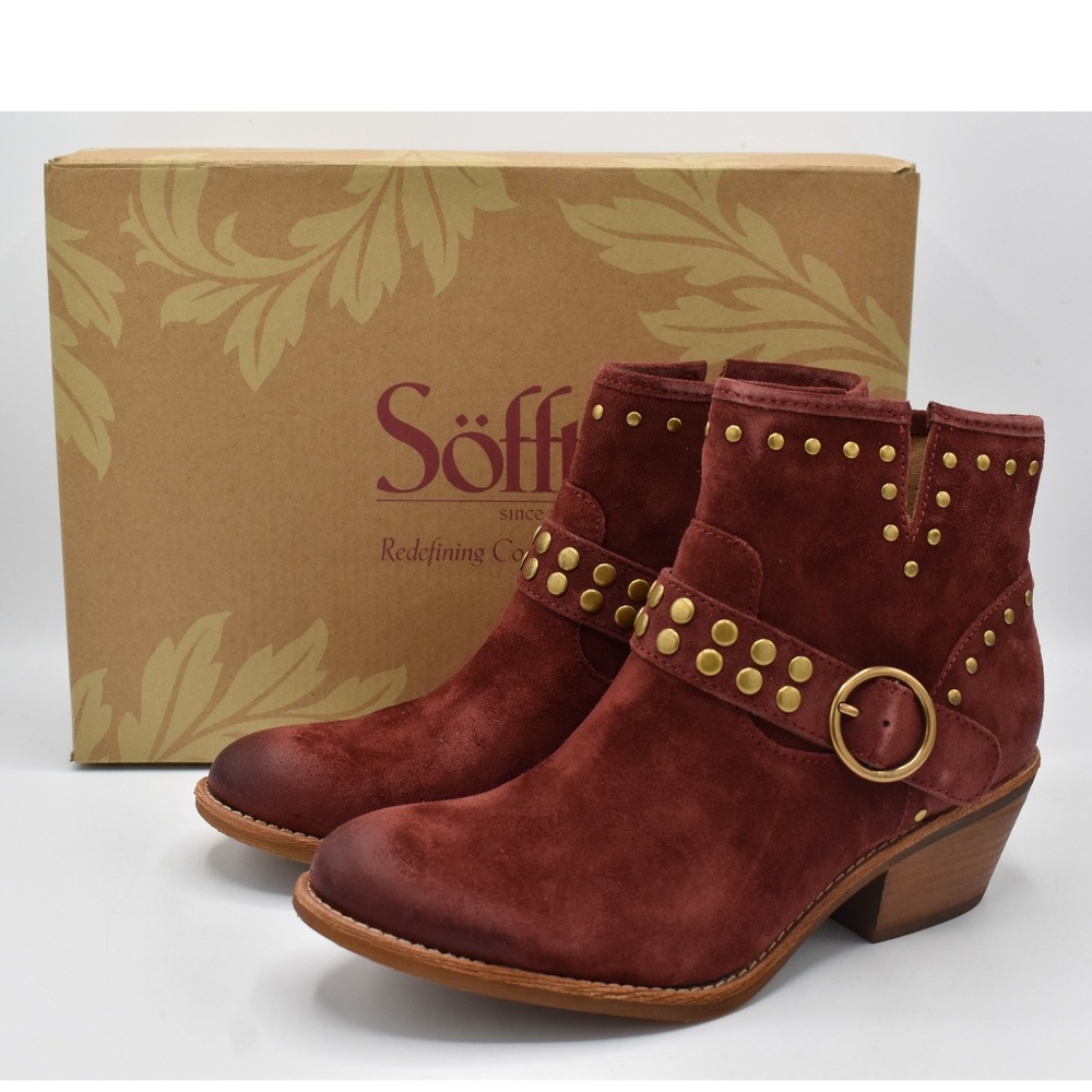 Sofft Allene II Ankle Boots Women 7 Burgundy Red Suede Studded Western Shoes